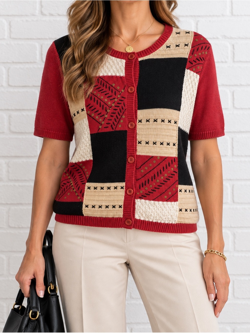Vintage 90s Alfred Dunner Ramie Cotton Patchwork Cardigan Petite M